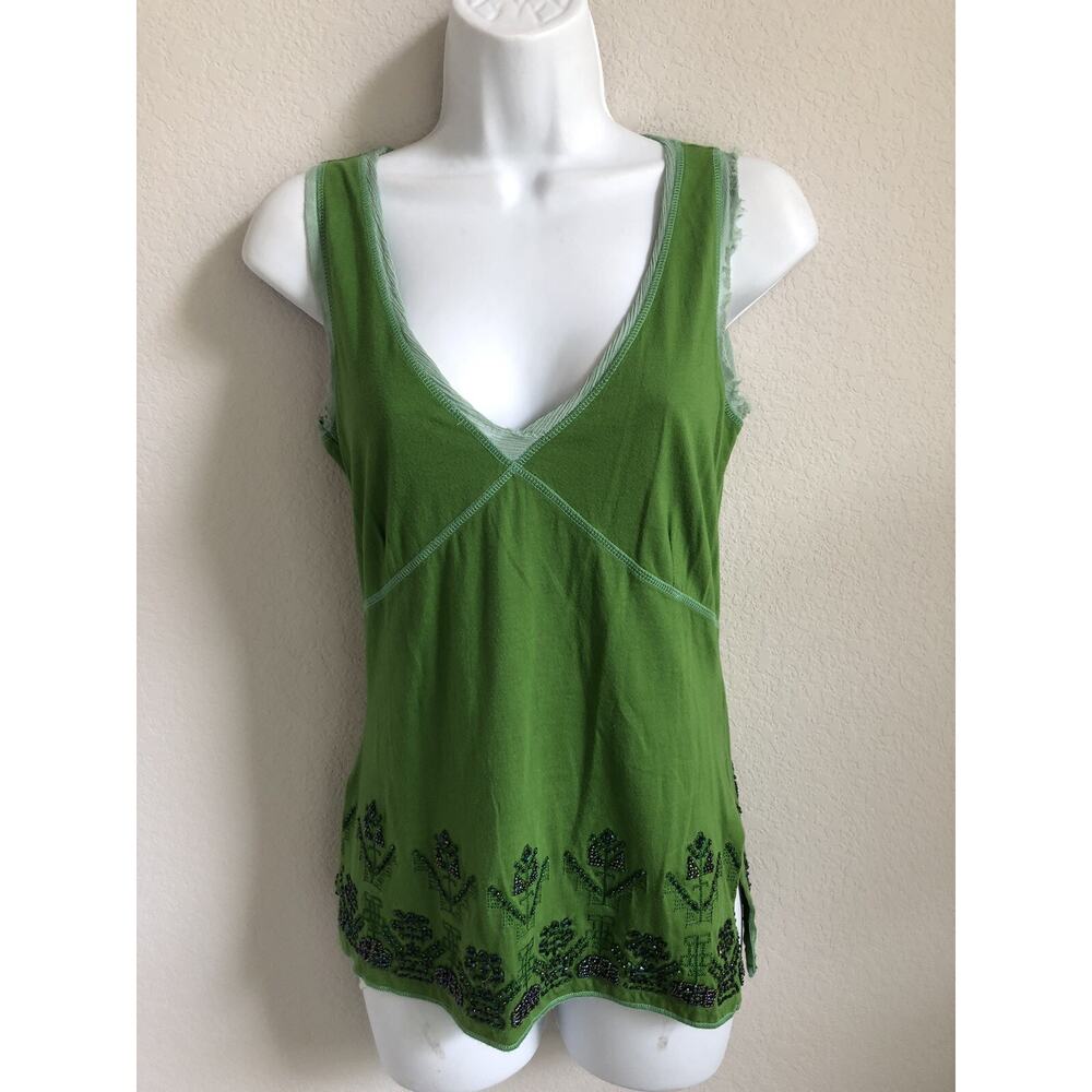 Indigo Palms‎ Denim Co Green Beaded Cotton V-Neck Tank Top XS 61-IW2146